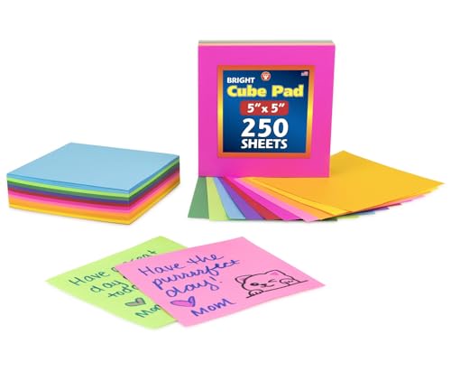 Hygloss Note Paper Cube - 5" Square Non-Sticky Memo Pad - 250 Sheets in 10 Assorted Bright Colors - Notes Cubes - Perfect for Office & School Supplies