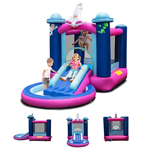GOPLUS Château Gonflable Astre Vaisseau Spatial, Aire de Jeux Aquatique Gonflable avec Zone de Saut, Toboggan Piscine pour 3 Enfants de 3 à 10 Ans, Jusqu’à 135KG (sans Souffleur)