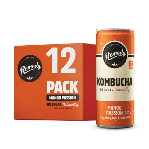Remedy Kombucha Tea - Mango Passion - Sparkling Live Cultured Drink - Naturally Sugar Free Soft Drink - Probiotic Drink for Gut Health - 12 x 250ml