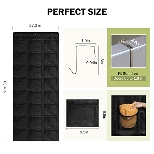 Relbro Over The Door Hat Rack, Door Baseball Caps Hat Organizer With 24 Large Clear Elastic Mesh Pockets Hat Holder Storage Hat Display Rack With 3 Over Door Hooks - Black #TOP3