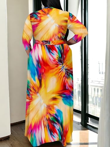 Image of SUZONANA Plus Size Maxi Dresses for Curcy Women Casual Loose 3 /4 Sleeve Long Dress with Belt