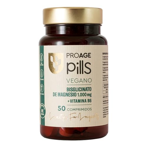 ProAge Pills Bisglicinato Magnesio 200mg y Vitamina B6 | 50 Comprimidos | Alta Absorción para Músculos, Huesos, Cansancio y Estrés | Magnesio para Dormir