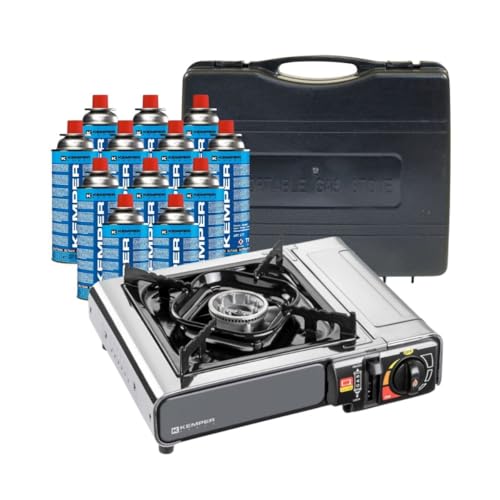 Réchaud à gaz INOX KEMPER anti-panne de cuisson nomade inclus 12 cartouches sécurité