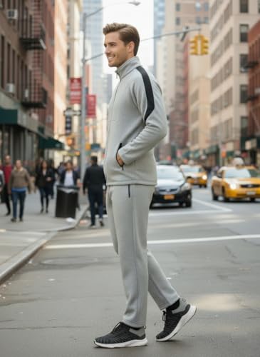 Image of CHKOKKO Men's High Neck Winter Tracksuit Set with Full-Zipper Upper & Elasticated Waist Jogger Pants | Warm Soft Solid Activewear for Gym, Running & Casual Use LGTGREYBLK M