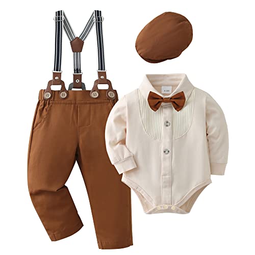 Image of YUEMION Baby Boy Clothes Wedding Outfit Suits, 0-18 Months Infant Boy Gentleman Set, Dress Shirt+Vest+Suspender Pants+Bowtie