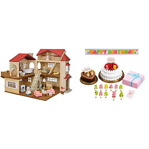 【Amazon.co.jp 限定】シルバニアファミリー お家 赤い屋根の大きなお家 デラックスセット -屋根裏はひみつのお部屋- 22-RZ+シルバニアファミリー 家具 バースデーケーキセット