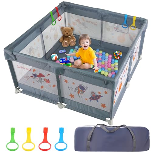 Image of Baby Playpen, 50”×50“ Play Yard for Babies and Toddlers, Safety Sturdy Baby Fence with gate, Indoor & Outdoor, with Anti-Slip Base and Breathable mesh Fabric (Gray)
