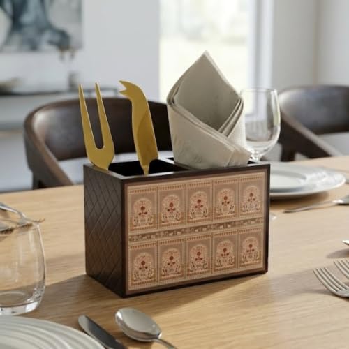 Image of Home Sparkle Engineered Wood Cutlery Holder with Napkin Rack - Multipurpose Spoon Stand & Kitchen Organizer Rack for Dining Table, Restaurant & Countertop - Brown Finish (B10V48)