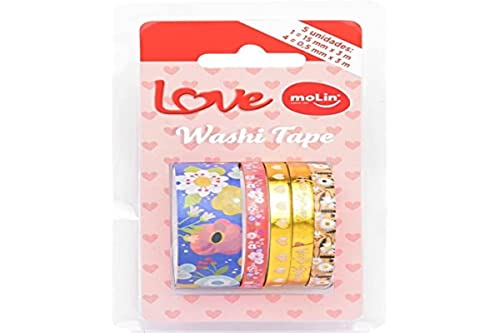 Fita Adesiva Decorada, Molin, Washi Tape, Love, Blister com 5 Rolos de 3 Metros, 23379