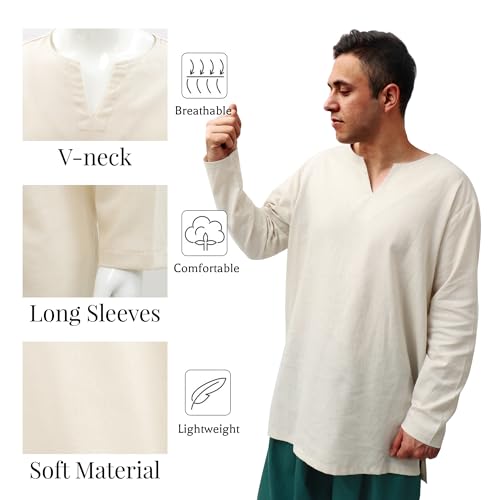 PROCOS Mens Medieval Undershirts Retro Linen Tunic Long Sleeve Shirts Pirate Reenactment Halloween Costume3