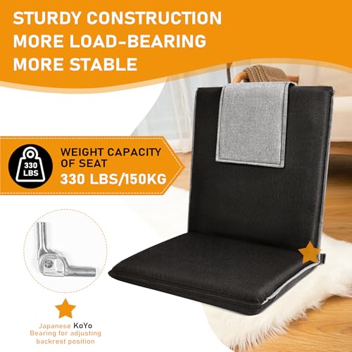 Image of Floor Chair with Back Support 14-Position Adjustable Floor Chair Portable Ground Seating for Adults & Kids Foldable Meditation Seat with Japanese KOYO Bearings & Washable Linen Cover (Black)