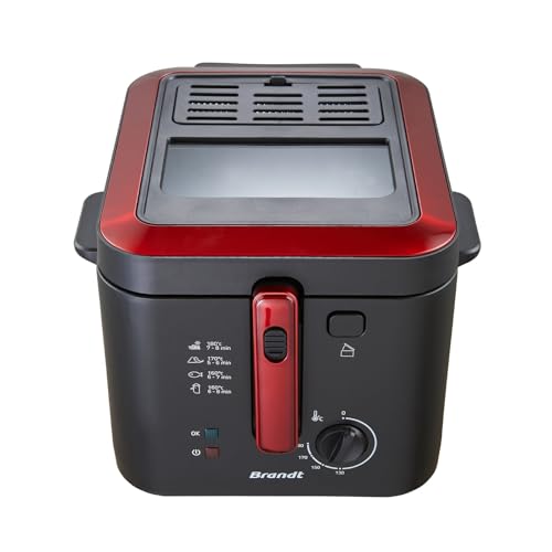 BRANDT Friteuse FRI25R2 - Friteuse -Dimensions 237X322X342 - Jusqu'à 1kg de frites - Thermostat réglable de 130° à 190° - 2,5L - 1600W - Acier inoxydable, Rouge et...