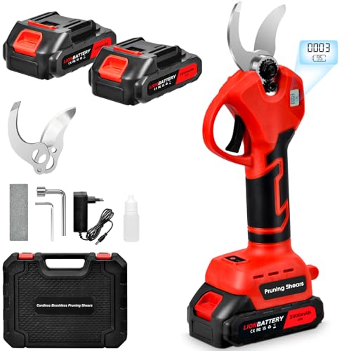 Akku-Astschere 30MM Gartenschere mit 2 Akku 2000mAh Bürstenloser Motor Elektrische Bypass Baumschere LCD Anzeige Akku Baumschere für Äste Büsche und Stämme
