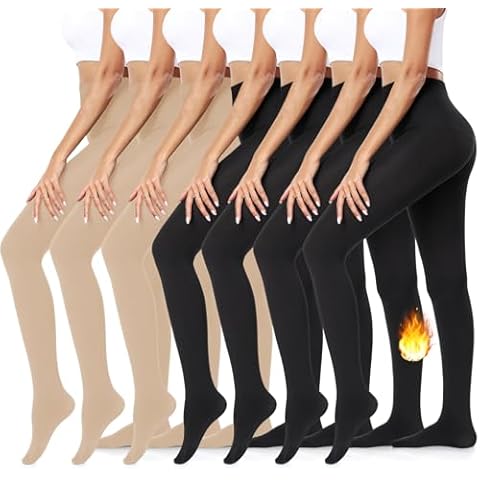 yeuG 7 Pack Fleece Lined Tights for Women-High Waist Pantyhose Thermal Winter Warm Opaque Tights(03-4Black,3Nude(Fleece Lined),Small) Cover
