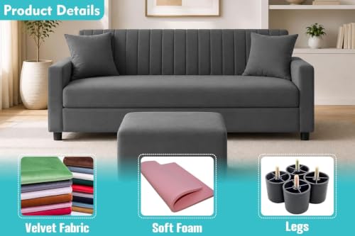 Image of Los Angeles Modern 3 Seater Wooden Sofa Set with Ottoman, Soft Velvet Upholstery, Comfortable Couch for Living Room, Office - Grey Color