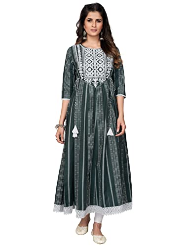 Image of Vbuyz Women's Cotton Blend Print & Embroidered Anarkali Stitched Kurta