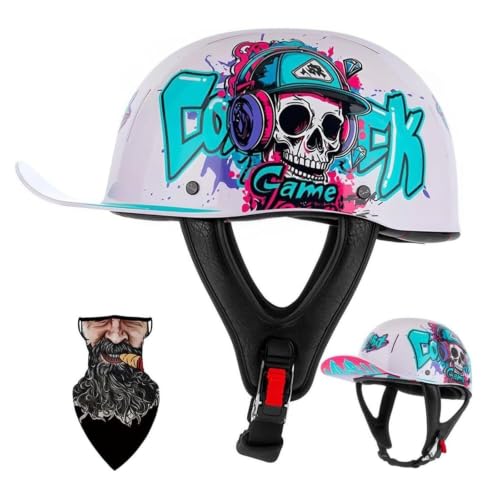 Casco jet moto Rebel blanco con diseño de calavera llamas y estilo retro talla L