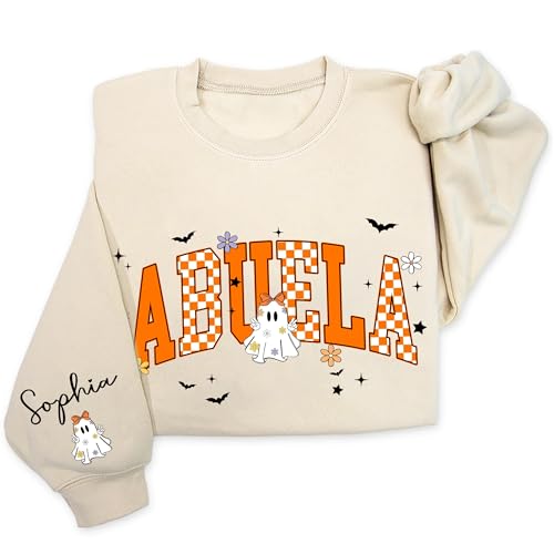 Personalized Halloween Grandma Sweatshirt with Grandkids Name on Sleeve, Retro Spooky Boo Mom Sweater