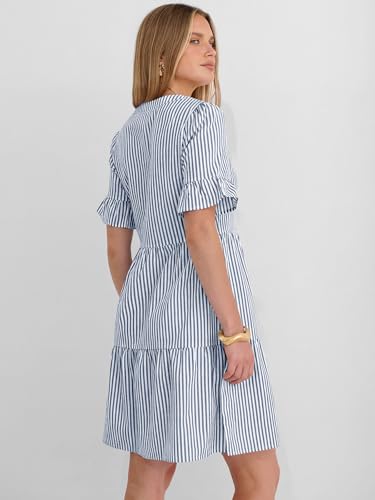 Image of Caracilia Dresses for Women Summer 2026 Striped V Neck Ruffle Sleeve A Line Tiered Flowy Casual Mini Beach Dress with Pockets