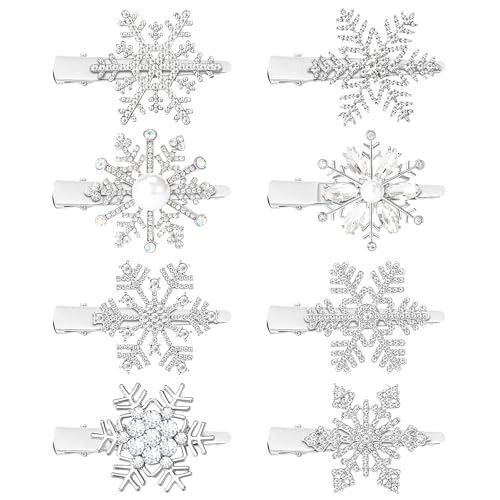 AUGSUN 8Pcs Christmas Snowflake Rhinestone Hair Clips Winter Crystal Snowflake Hairpins Festive Costume Accessories for Women Xmas Holiday Party Gifts
