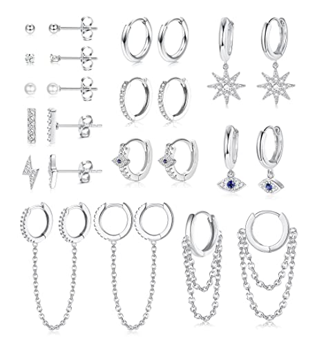 YADOCA 12 Pairs Dangle Hoop Earring Small Huggies Hoop Earrings for Women Girls Stainless Steel CZ Pearl Ball Tiny Stud Earring Evil Eye Bar Chain Hoop Earring Set for Women