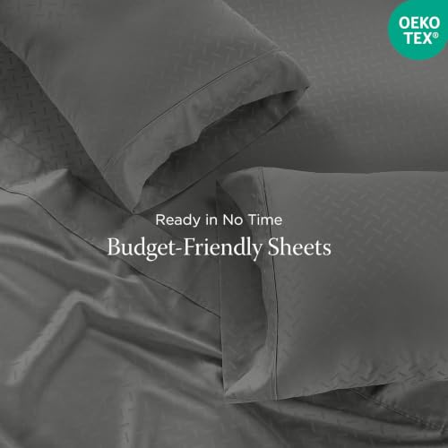 Image of Threadmill 300TC Cotton Queen Sheet Set, Sateen, Jacquard, Dark Grey | 100% Cotton, Sateen Weave, Jacquard Pattern, 4-Piece Set, 16 inch Deep Pocket, Cooling, OEKO-TEX Certified, Machine Washable