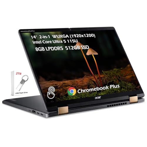 Image of acer Chromebook Plus Spin 714 2-in-1 Laptop with Google AI, 14 inch WUXGA IPS Touch, Intel Core Ultra 5 115U, 8GB LPDDR5 512GB SSD, Backlit KB Wi-Fi6E Chrome OS, Steel Gray, w /2TB USB Drive, W /GaLiMu