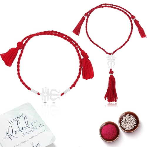 Image of 925 Sterling Silver Trishul Couple Rakhi for Bhai Bhabhi (Lumba) Cotton Thread | Rakshabandhan Rakhi With Greeting Card & Roli Chawal and Certificate of Authenticity 925 Silver