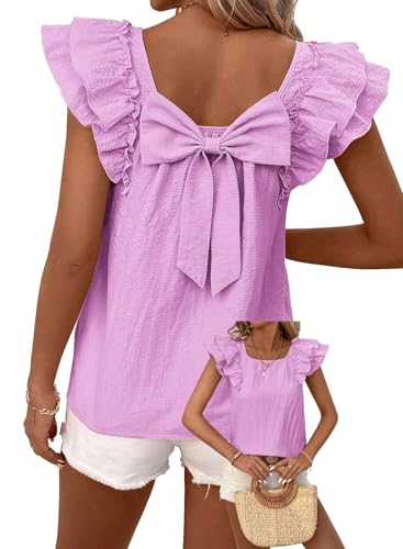 Image of Falechay Womens Bow Tie Back Tops Round Neck Ruffle Short Sleeve Shirts Cute Babydoll Chiffon Tee Women Summer Trendy Tunic