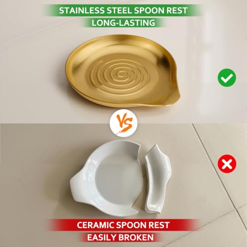 Image of VanlonPro Stainless Steel Spoon Rest, Spatula Ladle Holder, Stainless Steel Utensil Spoon Rest Holder, Brushed Finish, Dishwasher Safe 5.9 x 5.1 Inch (Round Swril Gold 1PC)