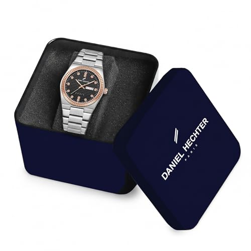 Image of Daniel Hechter Hoche Collection Classic Analog Watch for Men - Textured Dial,Crystal Indices with Fluted Bezel, Date Display and Silver Stainless Steel Strap
