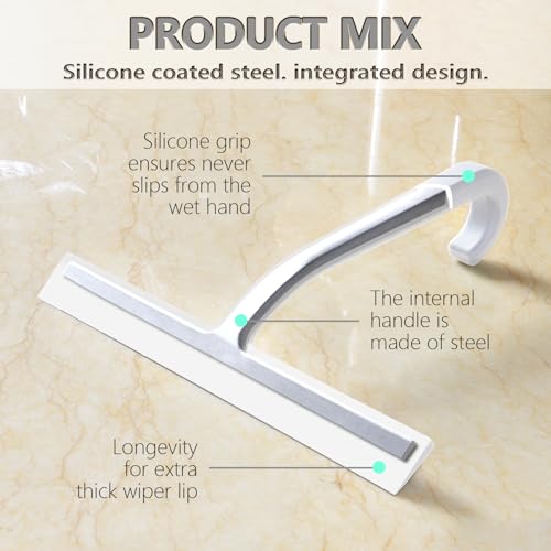 Image of Shower Squeegee for Glass Doors - 10 inch Silicone Squeegee with Built-in Hook, One-Piece Seamless Design, Streak-Free & No-Scratch Window Cleaner for Bathroom, Mirrors & Tiles (White)