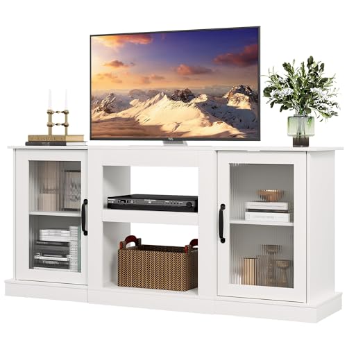 WLIVE Farmhouse TV Stand for 65 inch TV, 58' Entertainment Center with Storage Cabinets, Open Shelves TV Console for Living Room and Bedroom, White