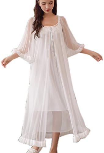 Womens Sexy Vintage Loungedress Nightgown 2 pcs Victorian Sleepwear Nightshirt Girls Pajamas (Light Blue)