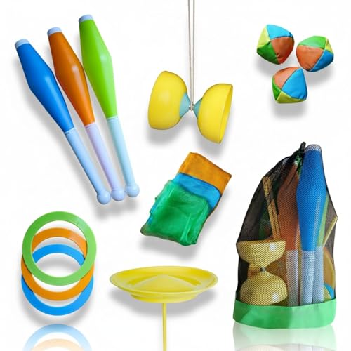 alldoro 60130 Jonglier-Set 16-tlg., inkl. Jonglierbälle, Tücher, Ringe, Keulen, Diabolo & Teller im Netzrucksack, für Kinder ab 3 Jahren & Einsteiger