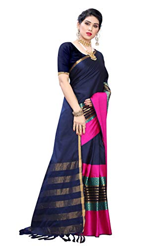Image of AKHILAM Women's silk blend Saree with Unstitched Blouse Piece (Free size Navy Blue HYN9801)