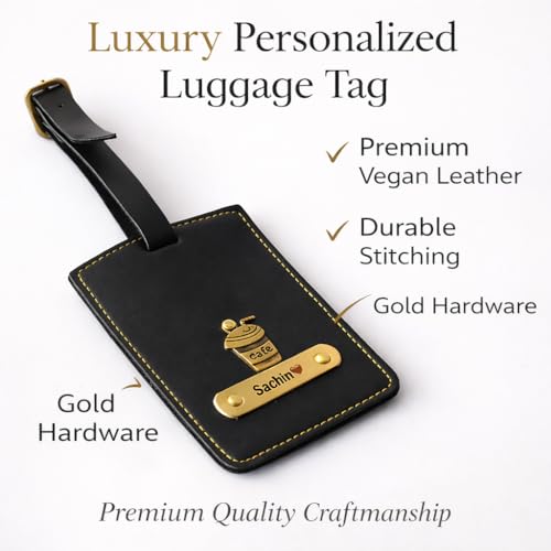 Image of Thebaegift Personalized Luggage Tag with Custom Name - Premium Vegan Leather Travel Tag - Engraved Name ID Tag for Suitcase, Backpack - Unique Gift for Travelers, Couples, Birthday & Anniversary
