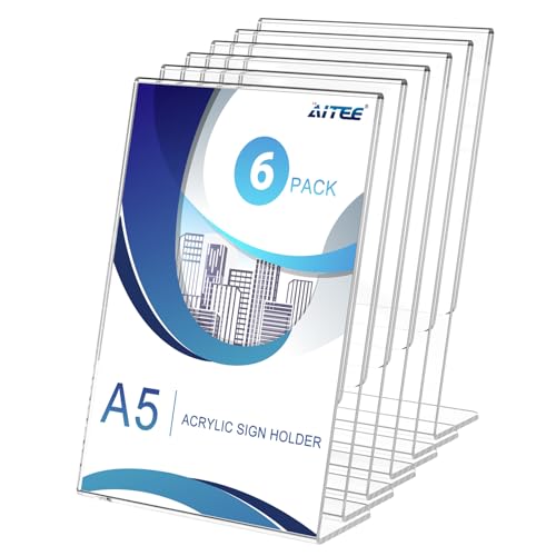 AITEE A5 Acrylic Sign Holder: 6 Pack Clear L-Shape Menu Display Stand for Poster - Restaurant office Shop