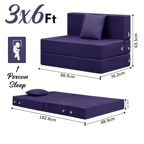 Image of Rosebell Single Seater Foldable Sofa Cum Bed (3x6 Feet) Jute Fabric, Washable Removable Cover, Includes 1 Cushion | Space Saving Convertible Sofa Bed for Home, Office & Guests - Purple