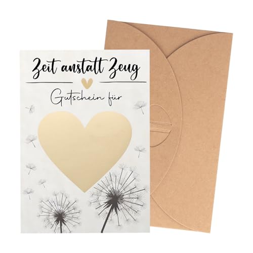 HENGBIRD Zeit statt Zeug Gutschein zum selber ausfüllen, Gutscheine zum selber ausfüllen, Gutscheinkarten zum Selbstausfüllen, Rubbelkarten zum selber beschriften, 5 Rubbel Gutschein mit 5 Umschlägen