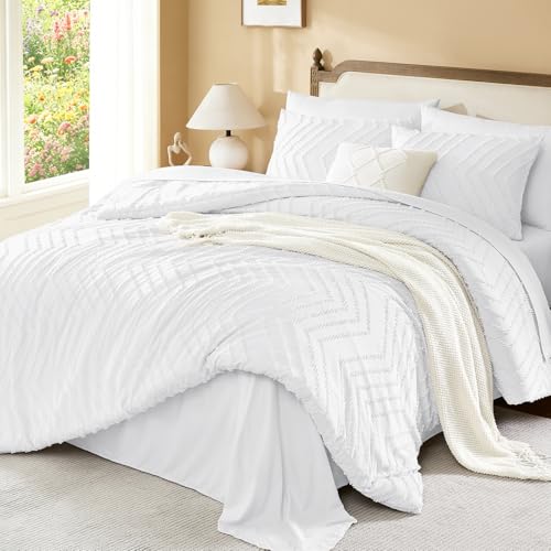 Image of Litanika White Comforter Full Size Set with Sheets - 7 Pieces Boho Bed in a Bag Chevron Tufted Complete Bedding Sets Lightweight All Season Bed Set with Comforter, Sheets, Pillowcases & Shams