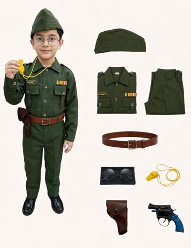 Image of BookMyCostume 8-Pcs Netaji Subhash Chandra Bose Indian National Leader Dress | Freedom Fighter Costume for Kids | Patriotic Independence Day, School Annual Function & Fancy Dress | Green 3-4 Years