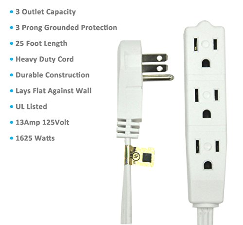Bindmaster 25 Feet Extension Cord/Wire, 3 Prong Grounded, 3 Outlets, Angled Flat Plug, (25 Feet, White) #TOP4