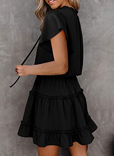 Dokotoo Womens Cute Spring Summer Casual Sexy Deep V Neck Ruffle Chiffon Lantern Short Sleeve Elegant Empire Waist Flowy Mini Short Skirt Dresses For Women Party 2023 Black Small #TOP1