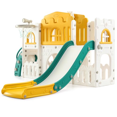 Toddler Slide 8 in 1 Toddler Playset for Toddlers Age 1-3, Baby Playset for Indoor Outdoor Playground with Climber, Crawling Tunnel, Basketball Hoop,