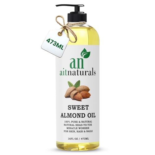 Aitnaturals Organic Sweet Almond Oil - 473ml | 100% Pure Cold-Pressed | Ideal for Hair Growth Nails Glowing Skin and Face | Vitamin E Carrier Oil for Moisturizing Facial Polish and Body Massages