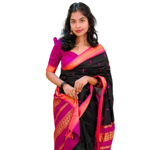 Image of DHIHA Gadwal Cotton Saree for Women | Pure Kalyani Cotton Saree with Zari Border Tassels & Blouse | Kanjivaram Linen Silk | Handloom Weave