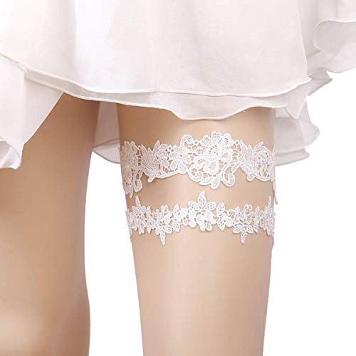 Bhwin 2 Pieces Highly Elastic Flower Leaf Style Garter Wedding Garter Bridal Garter Set (White)