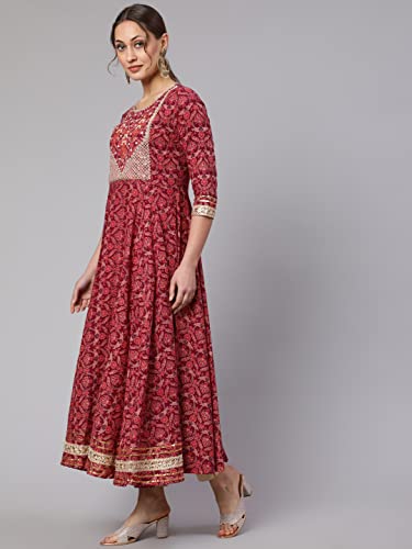Image of Women Cotton Embroidered Printed Round Neck 3 /4 Sleeve Flared Kurta