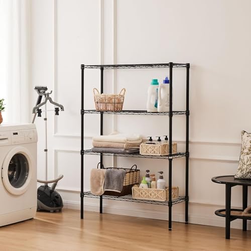 Image of Premium Heavy-Duty 4-Tier Black Metal Wire Storage Rack Shelf Organizer | Adjustable Multipurpose Freestanding Shelving Unit for Home, Office, Kitchen | Size 14 inch D x 30 inch W x 48 inch H Inch
